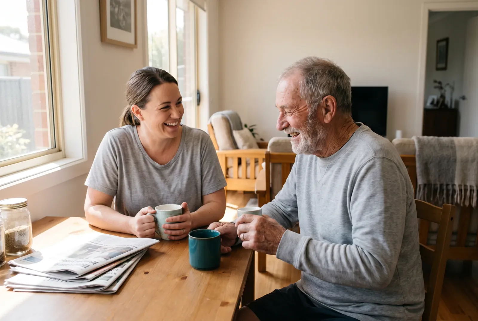 A support worker helping an older man in his kitchen at home